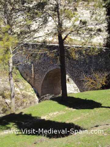 Close up photo of a medieval bridge. Alarcon Spain