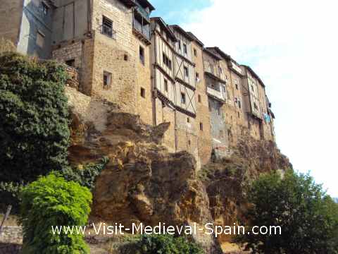 View from below of the medieval hanging houses of Frias - similar to those seen in Cuenca, Spain
